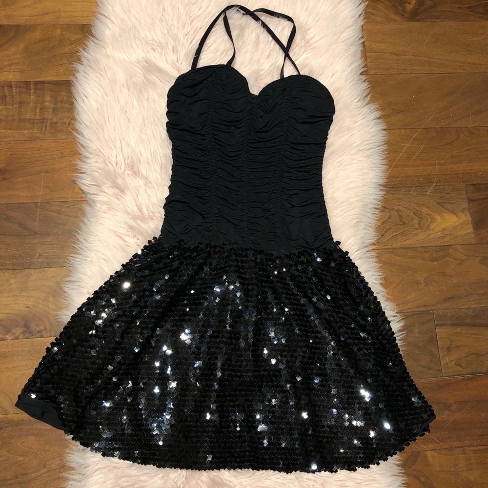 Bebe Black Sequin Fit & Flare Dress – Size M | Corset Top & Party Perfect